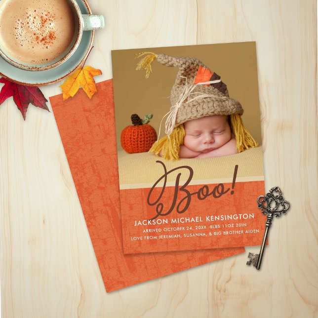 Anúncio Foto de Nascimento do Bebê de outono de Dia das Br (Cute Halloween Fall Autumn Baby Birth Photo Announcement)