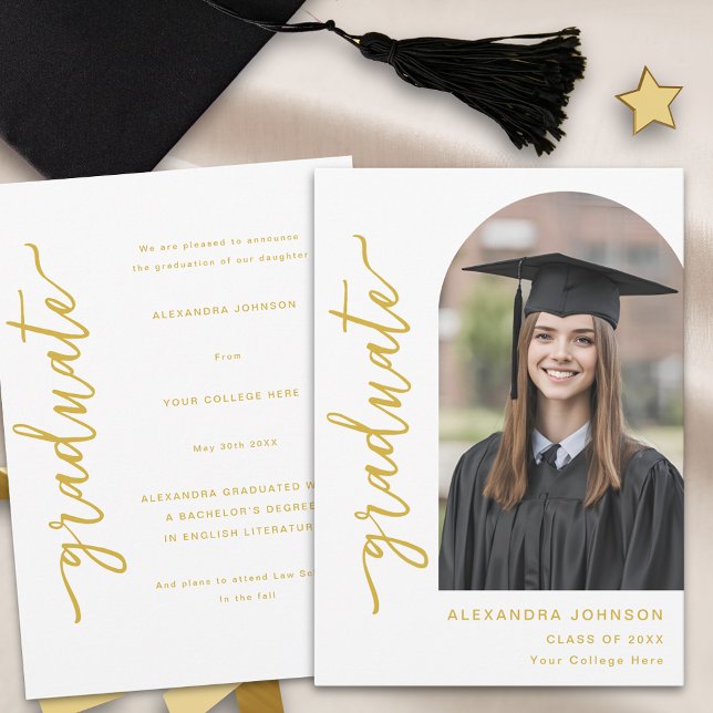 Anúncio Foto do Arch Elegante Moderno (Modern elegant arch photo graduation announcement card gold script minimalist Stylish trendy)