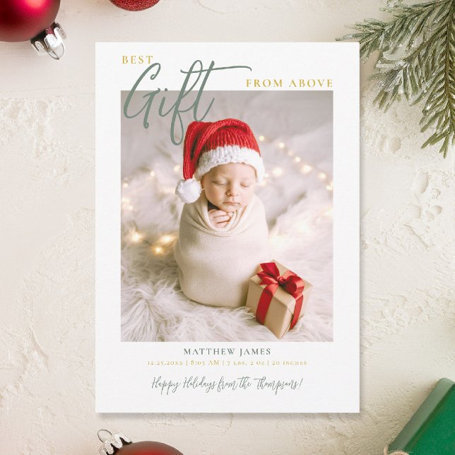 Anúncio Foto do Bebê Verde Moderno com Presente de Natal (best gift from above baby christmas card minimalist simple photo calligraphy elegant green gold)