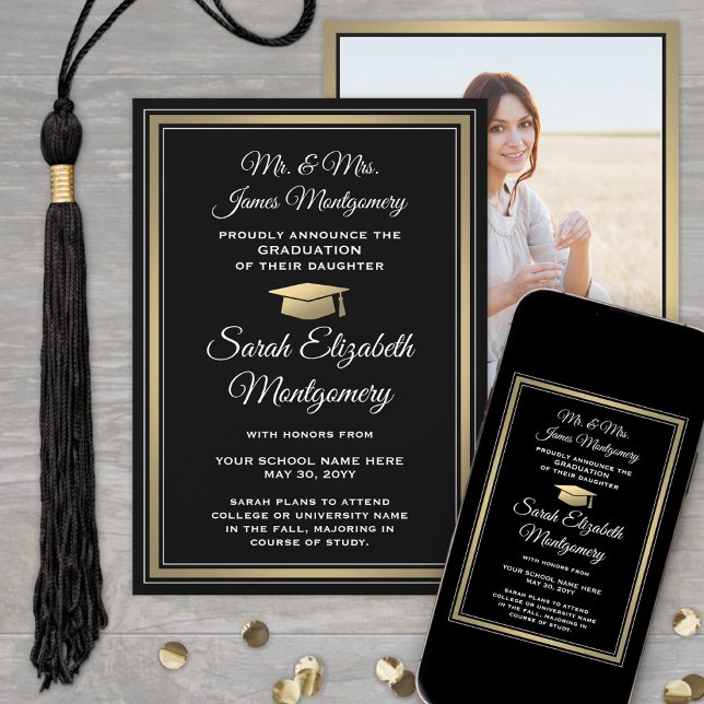 Anúncio Foto dos pais Black Gold & White Graduation (Criador carregado)