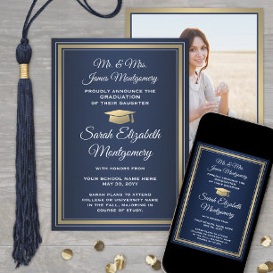 Anúncio Foto dos Pais Navy Dourado e Branco de Formatura