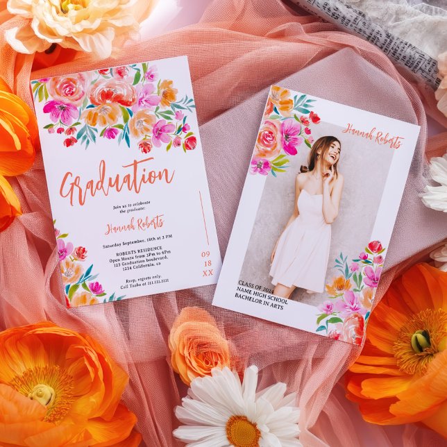 Anúncio Foto em negrito Boho laranja graduação floral (Bold photo Boho orange floral graduation Announcement)