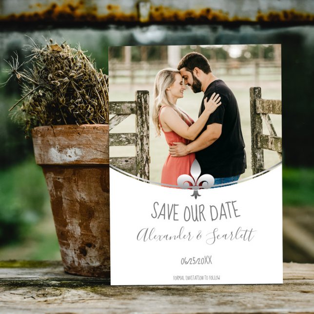 Anúncio Foto Flor de Lis Prata Save The Date (Silver Fleur de Lis Photo Save the Date)