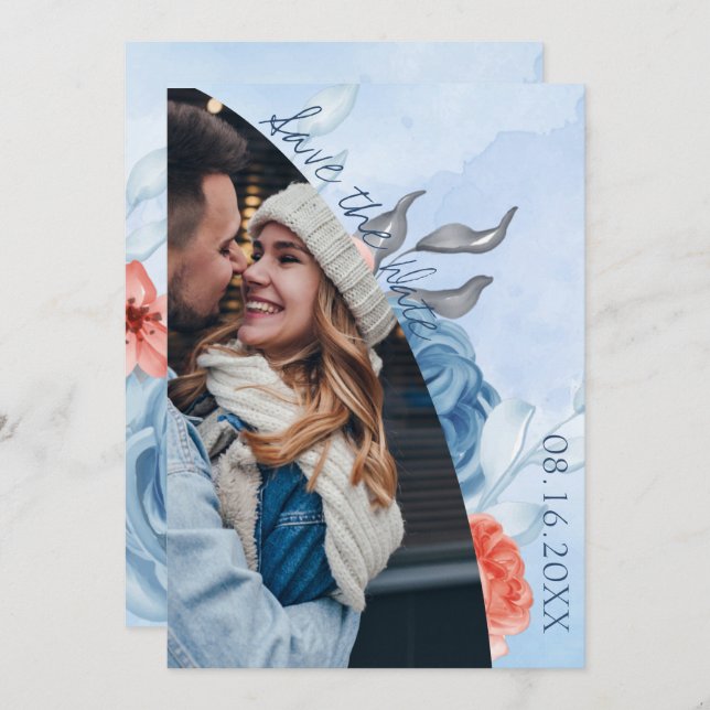 Anúncio Foto Floral Azul De Pêssego Bastante Salva A Data (Frente/Verso)