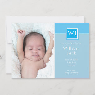 Anúncio Fotos de Bebê Menino com Monograma Azul Elegante e