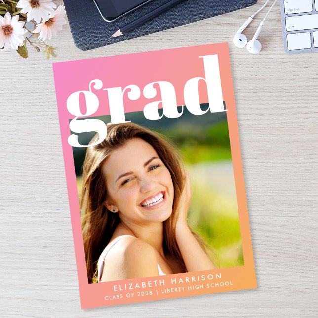 Anúncio Fotos de Formatura Rosa Laranja na Moda (Trendy Pink Orange Photo Graduation Announcement)