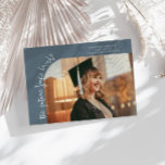 Anúncio Future Looks Bright Slate Blue Curved Photo<br><div class="desc">Modern and whimsical graduation announcement photo card featuring a photo on the front and 1 on the back. The text says "the future looks bright" in quirky hand writing. Add the graduate's name,  information,  and message to personalize this card. Slate blue.</div>