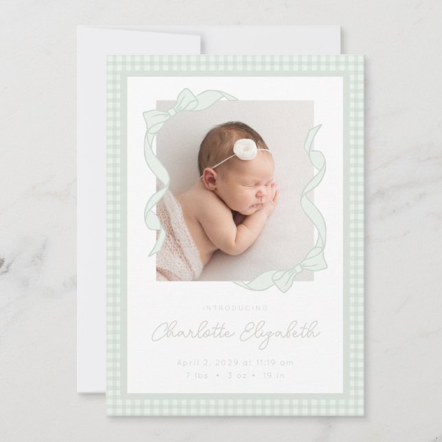 Anúncio Gingham Bow Photo Birth Announcement (Frente)