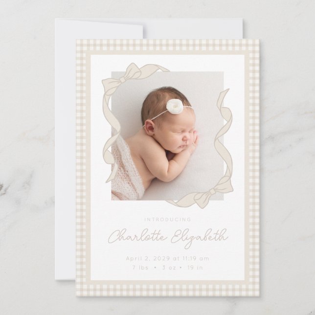 Anúncio Gingham Bow Photo Birth Announcement (Frente)