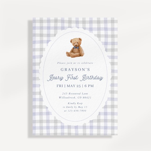Anúncio Gingham Teddy Bear Beary First Birthday Invitation (Criador carregado)