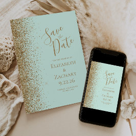 Anúncio Gold Glitter Edge Mint Green Save the Date