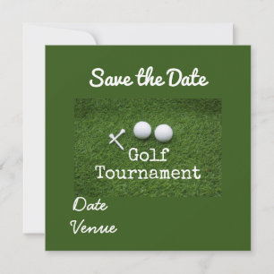 Anúncio Golf Salve a data com um pino branco e uma bola de