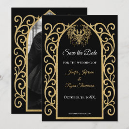 Anúncio Gothic border black and gold wedding save the date