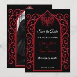 Anúncio Gothic border black and red wedding save the date