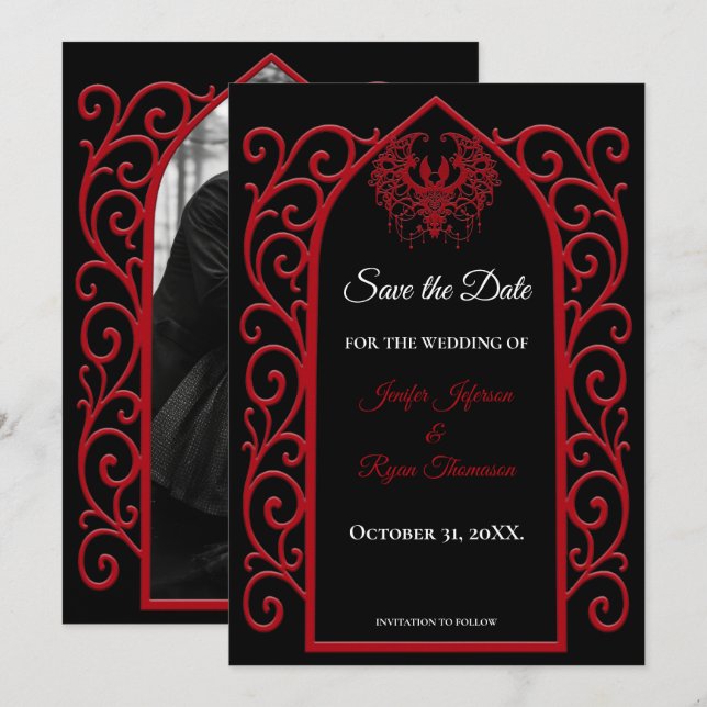 Anúncio Gothic border black and red wedding save the date (Frente/Verso)