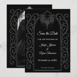 Anúncio Gothic border black and white wedding save the dat