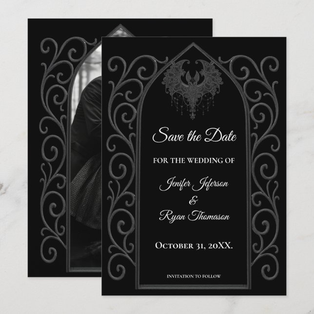 Anúncio Gothic border black and white wedding save the dat (Frente/Verso)