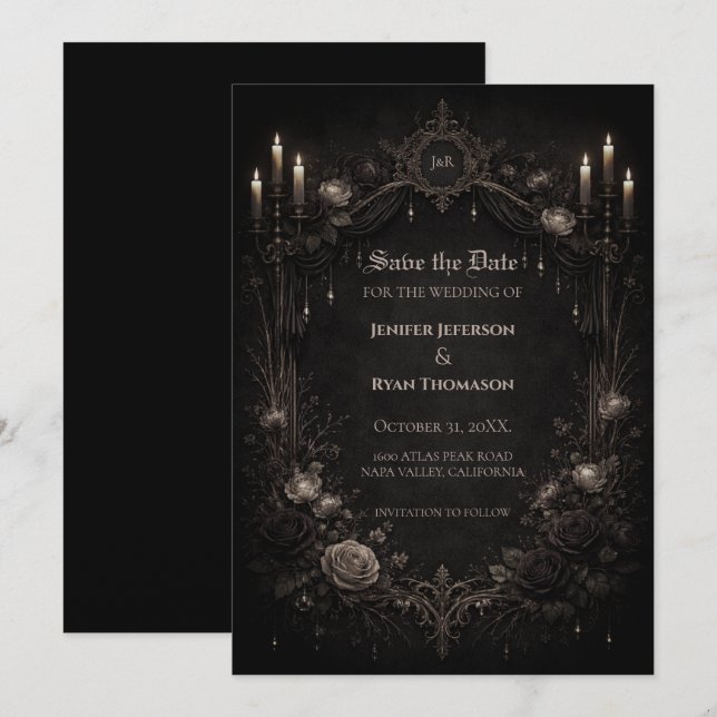 Anúncio Gothic halloween wedding save the date invitation (Frente/Verso)