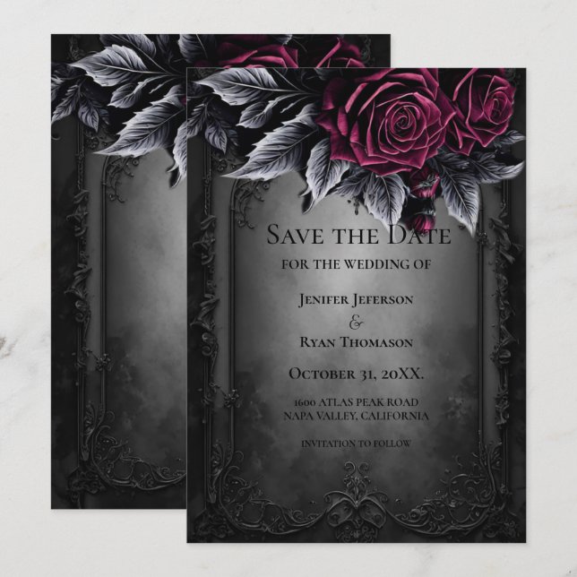 Anúncio Gothic halloween wedding save the date invitation (Frente/Verso)