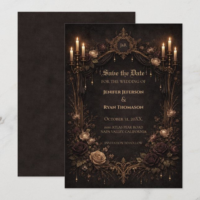 Anúncio Gothic halloween wedding save the date invitation (Frente/Verso)