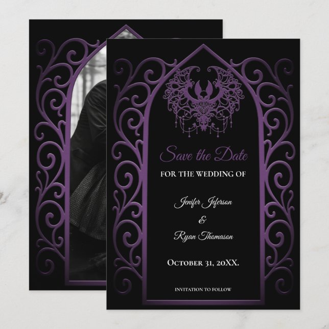 Anúncio Gothic purple border wedding save the dat (Frente/Verso)