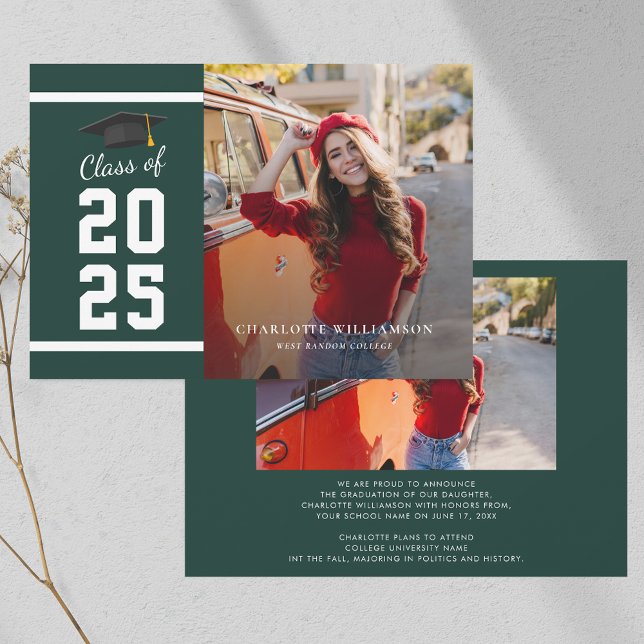 Anúncio Graduação 2025 Formando Foto Verde e Branco (Graduation 2025 Grad Photo Green and White Announcement)