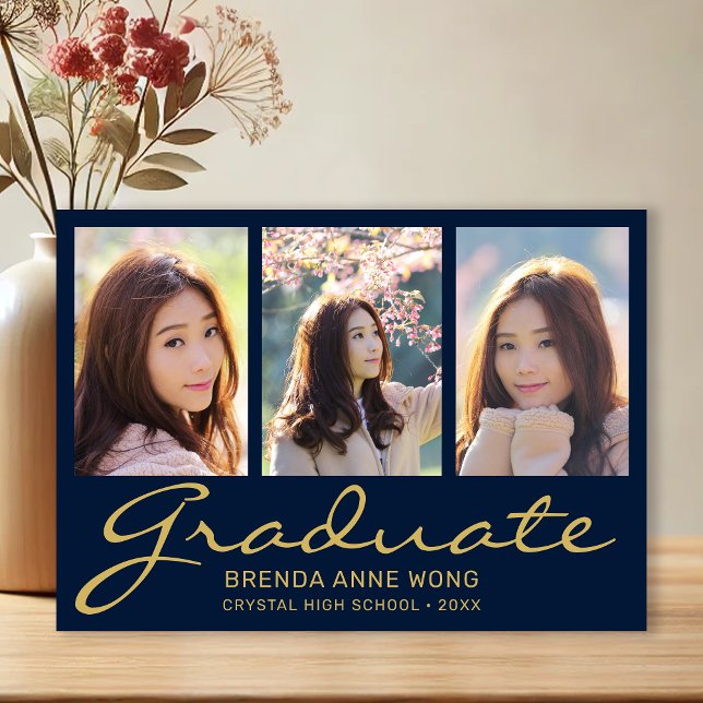 Anúncio Graduação 3 Colagem de Fotos Azul Dourado Moderno (Modern 3 Photo Navy Blue with Gold Script Graduation Announcement)