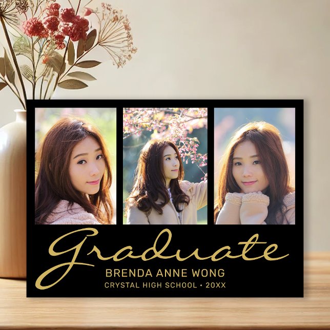 Anúncio Graduação 3 Colagem de Fotos Dourada Script de Tip (Modern 3 Photo Black with Gold Script Graduation Announcement)
