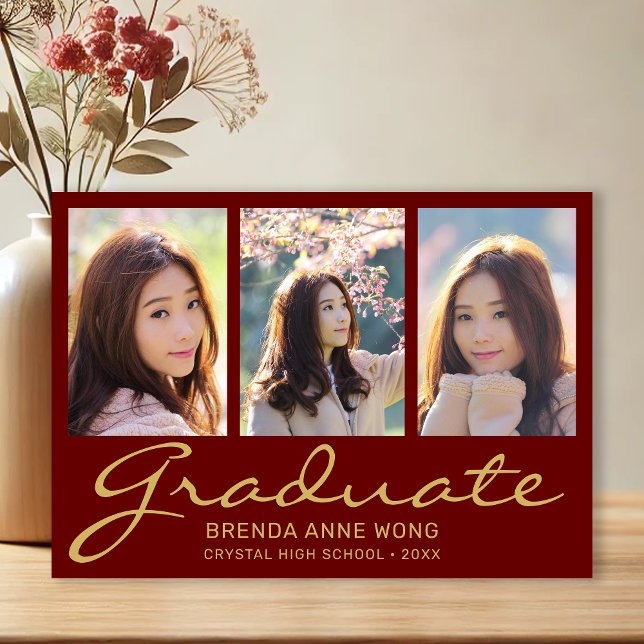 Anúncio Graduação 3 Colagem de Fotos Dourada Script Maroon (Modern 3 Photo Maroon with Gold Script Graduation Announcement)