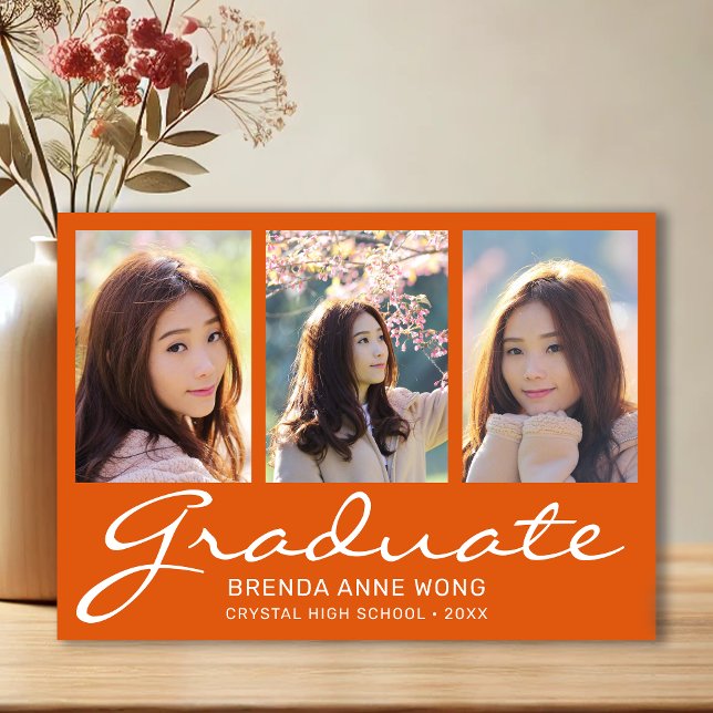 Anúncio Graduação 3 Colagem de Fotos White Script Orange (Modern 3 Photo Orange with White Script Graduation Announcement)
