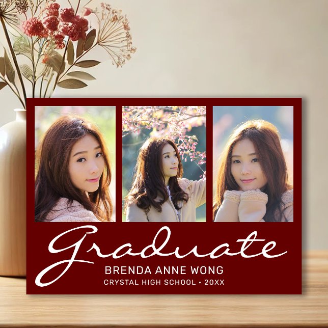 Anúncio Graduação 3 Colagem de Fotos White Script Vermelho (Modern 3 Photo Maroon with White Script Graduation Announcement)