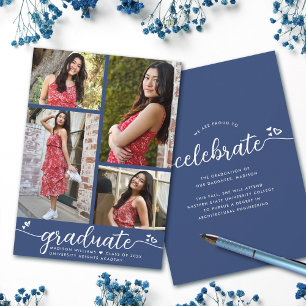 Anúncio Graduação 4 Foto Moderna Caligrafia Corações Azul