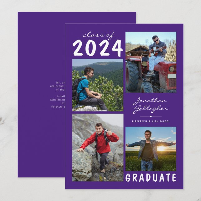 Anúncio Graduação 4 Foto Nome manuscrito | Branco roxo (Frente/Verso)