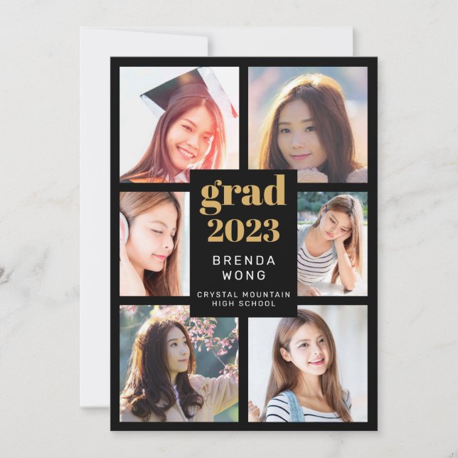 Anúncio Graduação 6 Colagem de Fotos Dourada Script Branco (Frente)