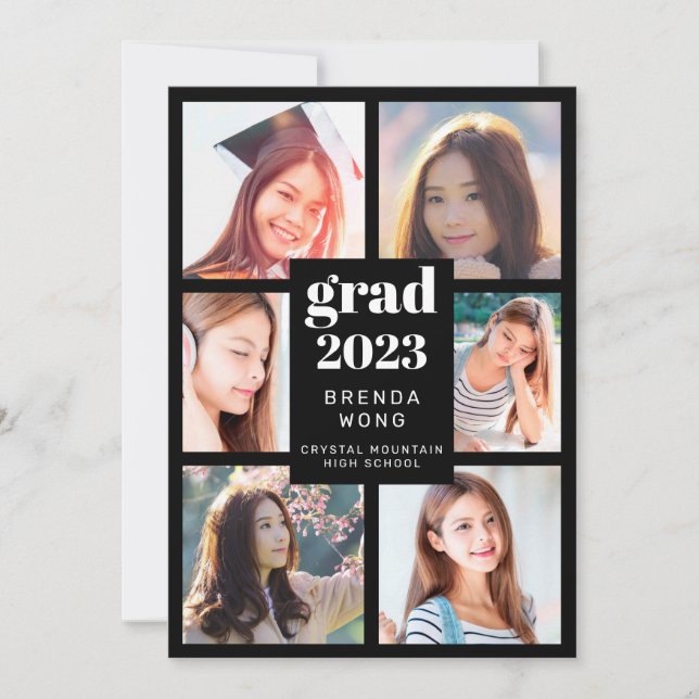 Anúncio Graduação 6 Colagem de Fotos White Script Preto (Frente)