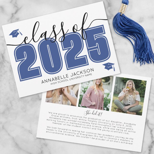 Anúncio Graduação Azul de Foto com Formando de Script Simp (Simple Script Graduate Photo Blue Graduation Announcement )