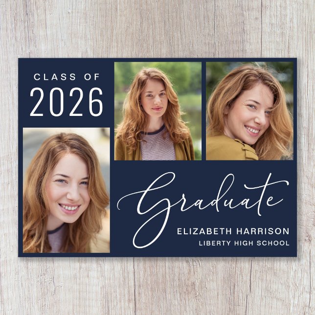 Anúncio Graduação Azul de Script de Foto Moderna (Cherish the milestone: share your graduate's achievement with a custom photo graduation announcement)