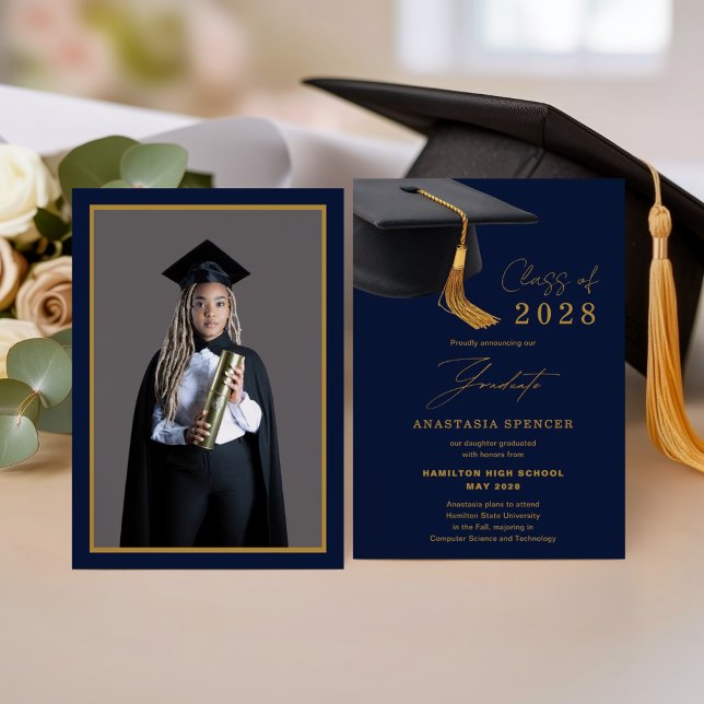 Anúncio Graduação Azul Elegante Dourado com Foto (Criador carregado)