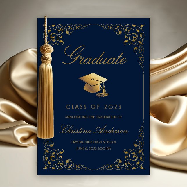 Anúncio Graduação Azul Navil do Boné de Ivy Formando Doura (Gold Ivy Leaf on Navy Blue Graduation Announcement)