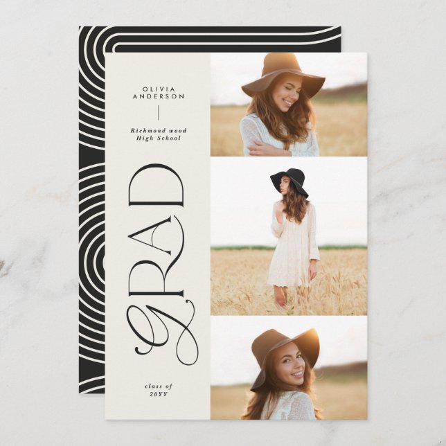 Anúncio Graduação de 3 fotos em branco preto moderno e geo (Frente/Verso)