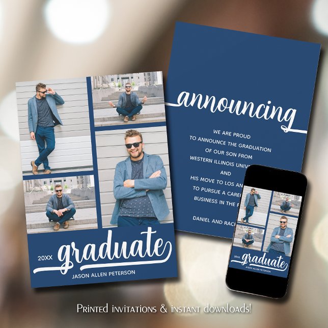 Anúncio Graduação de Azul de Foto Moderno 4 (Modern 4 photo collage blue graduation announcements)