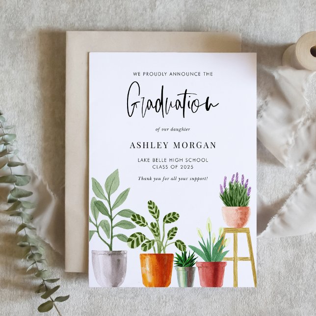 Anúncio Graduação de Boho Watercolor (Customizable boho graduation announcement featuring watercolor potted houseplants. )