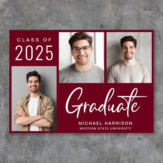 Anúncio Graduação de Borgonha com Script de Foto Moderno 3 (Cherish the milestone: share your graduate's achievement with a custom photo graduation announcement)