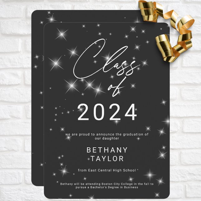 Anúncio Graduação de carvão preto e branco moderno (Modern Charcoal Black & White Sparkle Graduation Announcement)