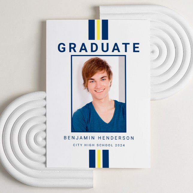 Anúncio Graduação de Foto Amarelo Azul Moderno (Modern Blue Yellow Photo Graduation Announcement)