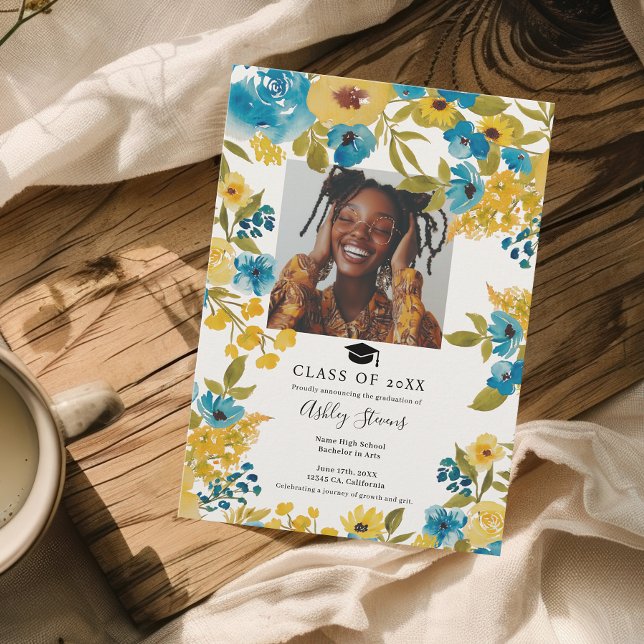 Anúncio Graduação de Foto Boho Blue e Yellow Floral 2 (Boho Blue and Yellow Floral 2 Photo Graduation Announcement)