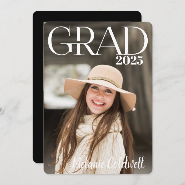 Anúncio Graduação de Foto de Script Moderno Elegante (Frente/Verso)