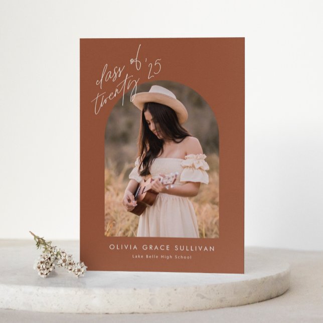 Anúncio Graduação de Foto do Arch Boho Terracotta (Customizable photo graduation announcement featuring arch photo overlay on terracotta background.)