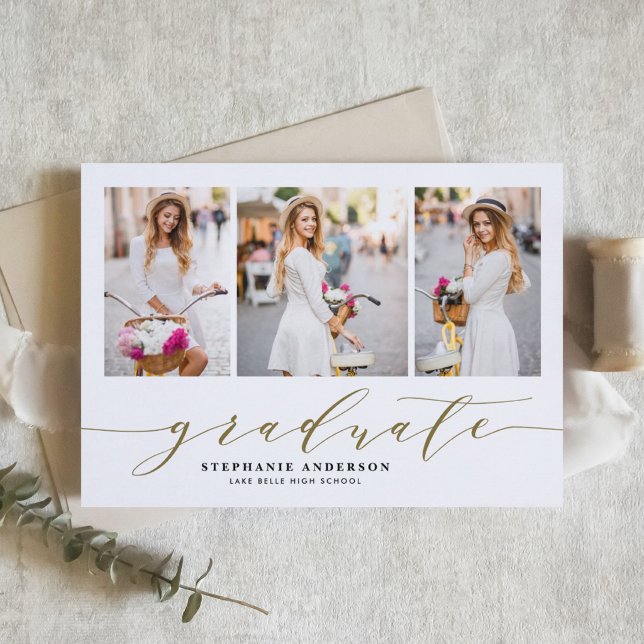 Anúncio Graduação de Foto do Script Dourado Dasure (Customizable photo collage graduation announcement featuring whimsical script. )