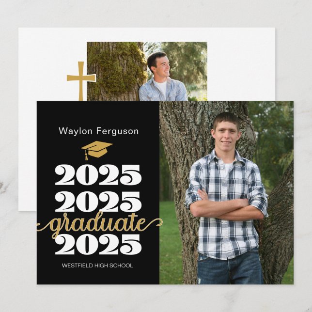 Anúncio Graduação de Foto Dourada Cristã Preta 2025 (Frente/Verso)